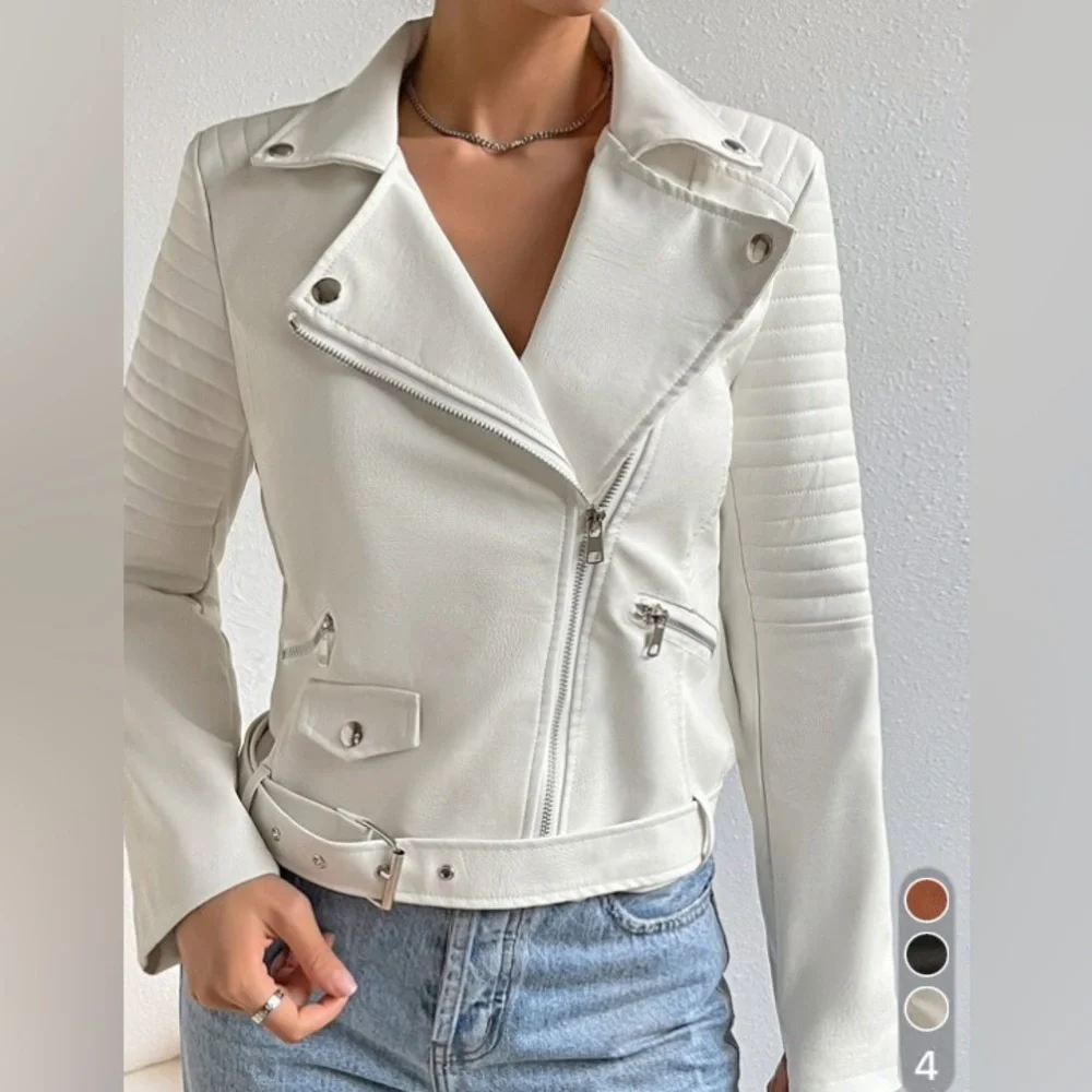 Quilted detail White vegan leather jacket zip arms coat